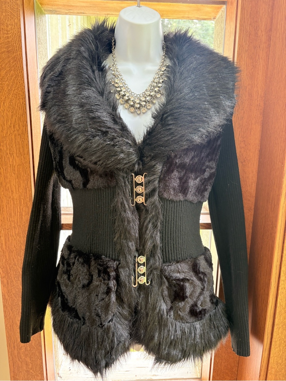 RARE 🖤 Vintage Ted Lapidus Black Fur Trim Knit Jacket Top Silver Buckles XL